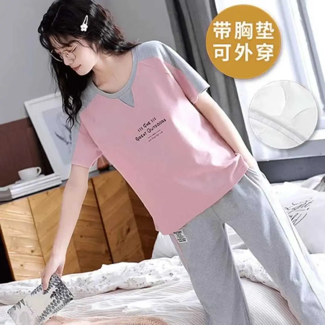 Summer New Style Short-Sleeved Women's Pajamas with Chest Pads and Three-Quarter Pants Set, Korean-Style Loose-Fitting Plus-Size Youth Loungewear