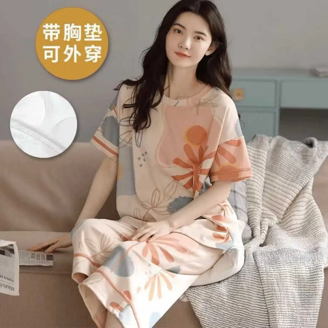 Summer New Style Short-Sleeved Women's Pajamas with Chest Pads and Three-Quarter Pants Set, Korean-Style Loose-Fitting Plus-Size Youth Loungewear
