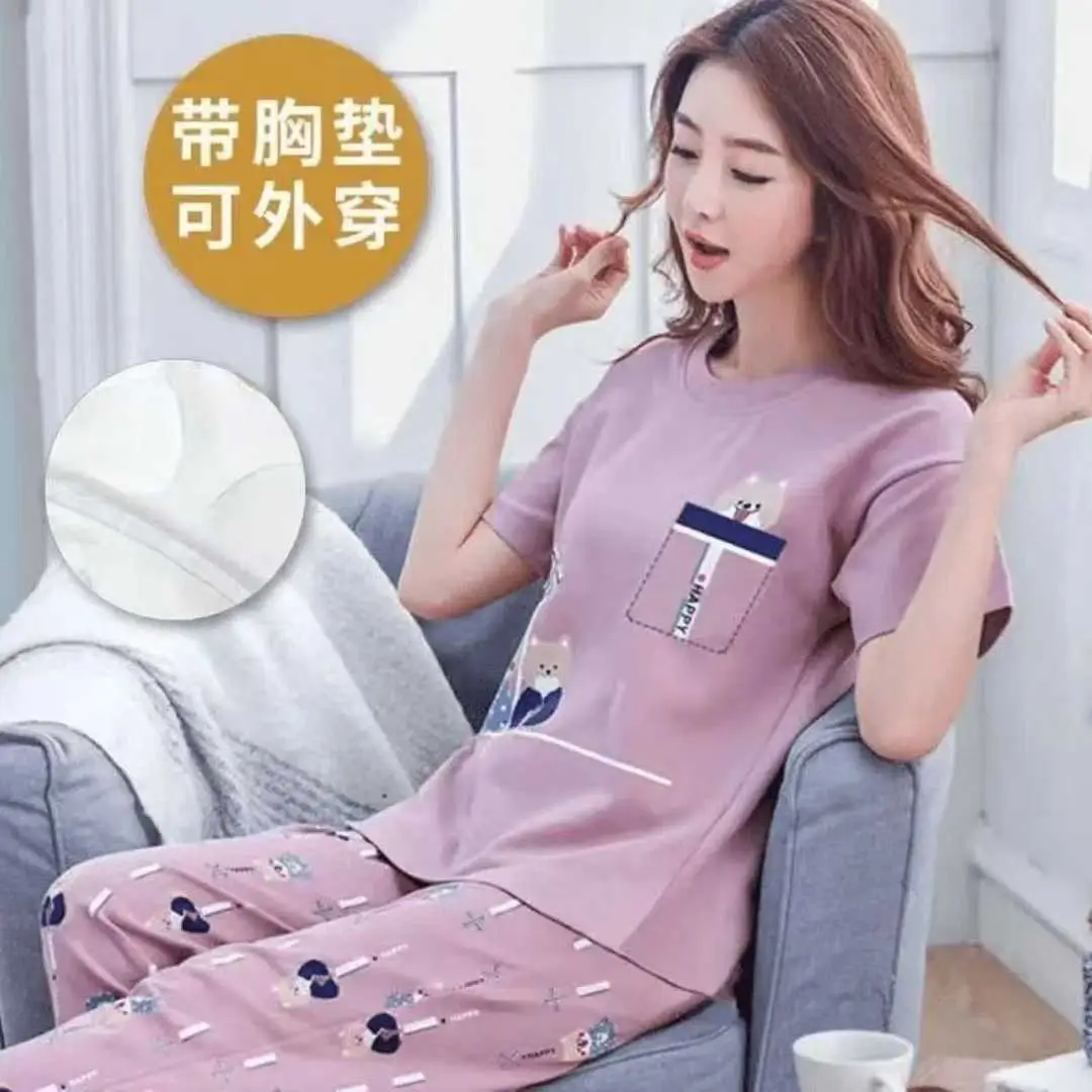 Summer New Style Short-Sleeved Women's Pajamas with Chest Pads and Three-Quarter Pants Set, Korean-Style Loose-Fitting Plus-Size Youth Loungewear