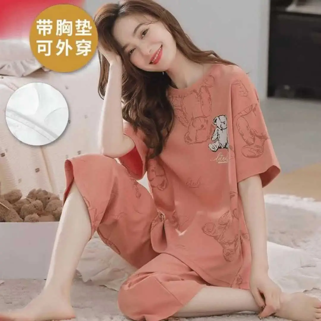 Summer New Style Short-Sleeved Women's Pajamas with Chest Pads and Three-Quarter Pants Set, Korean-Style Loose-Fitting Plus-Size Youth Loungewear