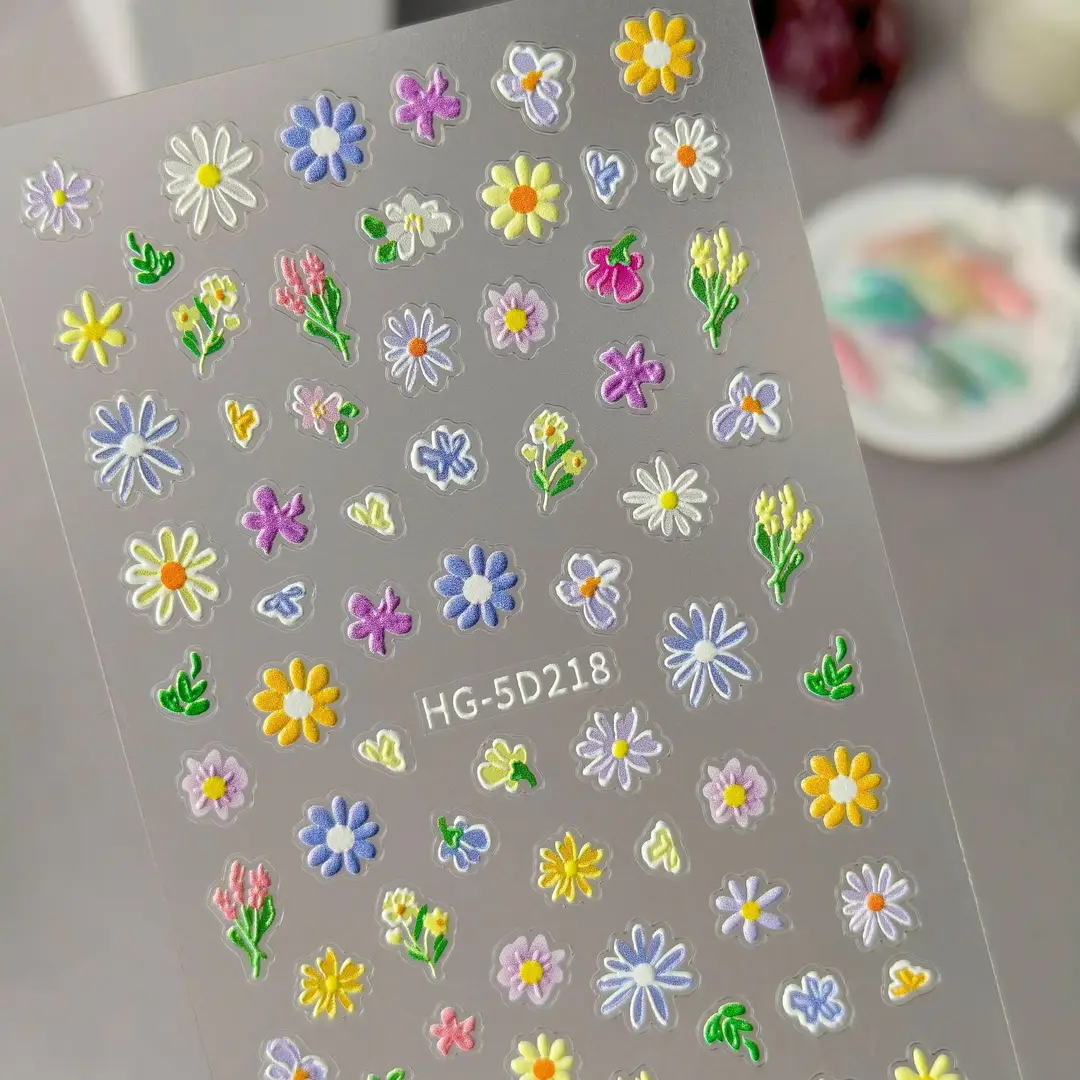 Spring Colorful Flower Nail Stickers, Various Mixed Designs, 3D Waterproof Flower 5D Embossed Nail Stickers, Hg Model
