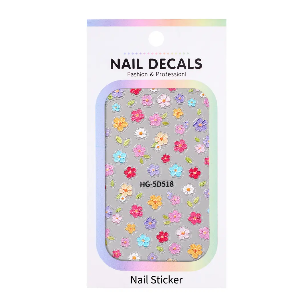 Spring Colorful Flower Nail Stickers, Various Mixed Designs, 3D Waterproof Flower 5D Embossed Nail Stickers, Hg Model