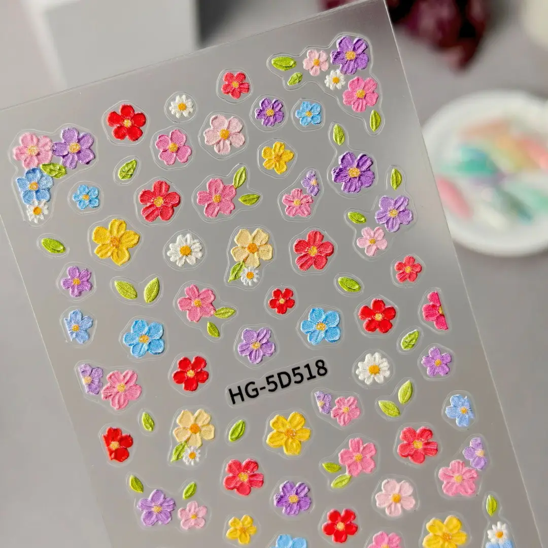 Spring Colorful Flower Nail Stickers, Various Mixed Designs, 3D Waterproof Flower 5D Embossed Nail Stickers, Hg Model — feature 3
