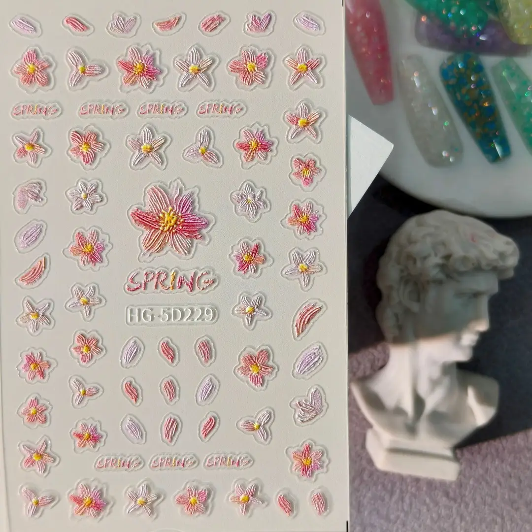 Spring Colorful Flower Nail Stickers, Various Mixed Designs, 3D Waterproof Flower 5D Embossed Nail Stickers, Hg Model