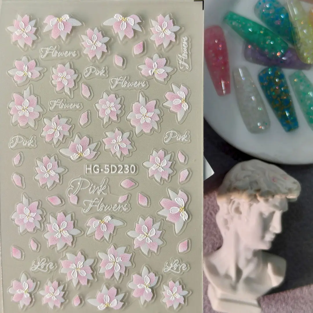 Spring Colorful Flower Nail Stickers, Various Mixed Designs, 3D Waterproof Flower 5D Embossed Nail Stickers, Hg Model