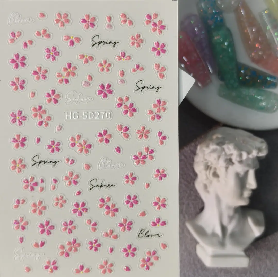 Spring Colorful Flower Nail Stickers, Various Mixed Designs, 3D Waterproof Flower 5D Embossed Nail Stickers, Hg Model