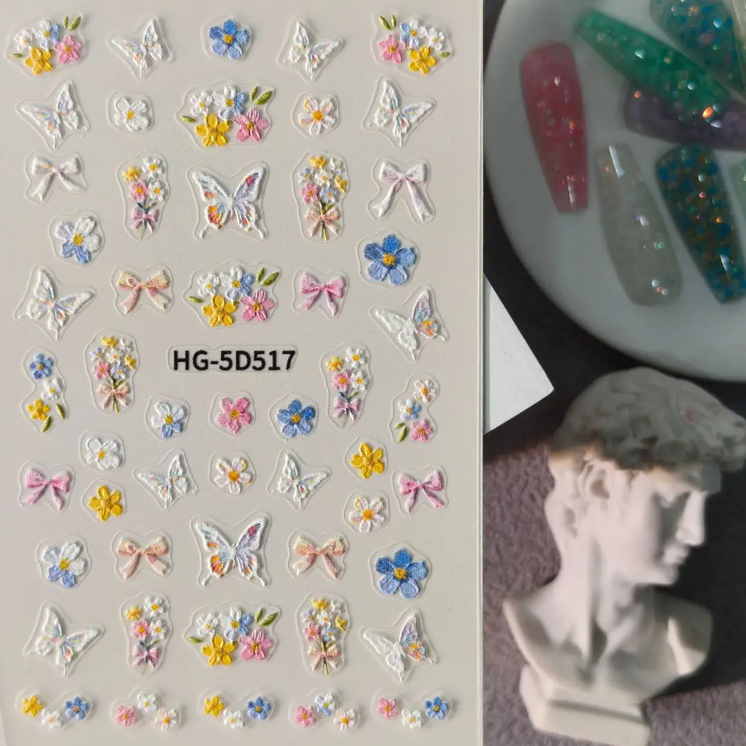 Spring Colorful Flower Nail Stickers, Various Mixed Designs, 3D Waterproof Flower 5D Embossed Nail Stickers, Hg Model