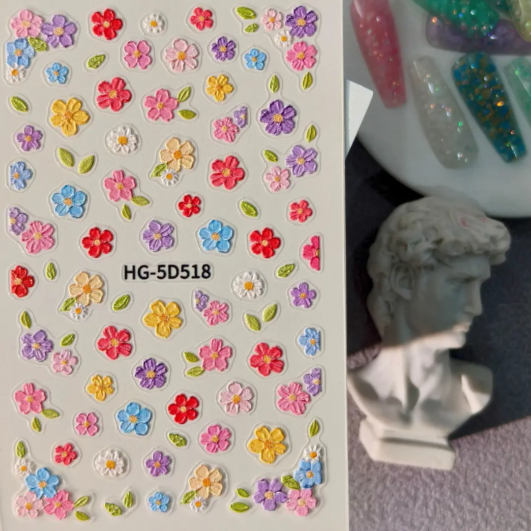 Spring Colorful Flower Nail Stickers, Various Mixed Designs, 3D Waterproof Flower 5D Embossed Nail Stickers, Hg Model