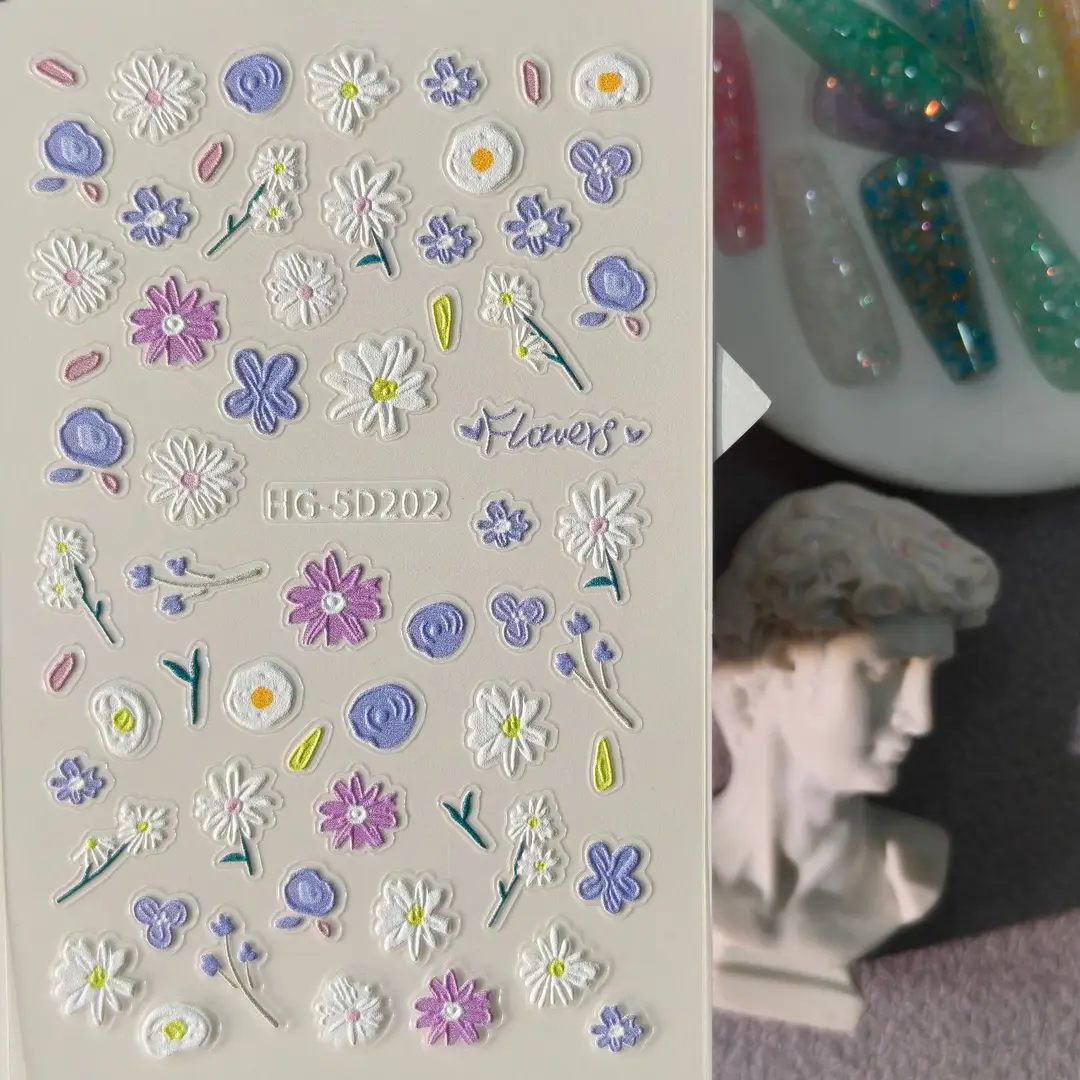 Spring Colorful Flower Nail Stickers, Various Mixed Designs, 3D Waterproof Flower 5D Embossed Nail Stickers, Hg Model