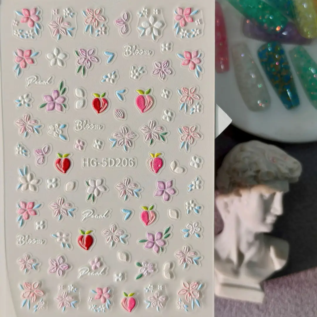 Spring Colorful Flower Nail Stickers, Various Mixed Designs, 3D Waterproof Flower 5D Embossed Nail Stickers, Hg Model