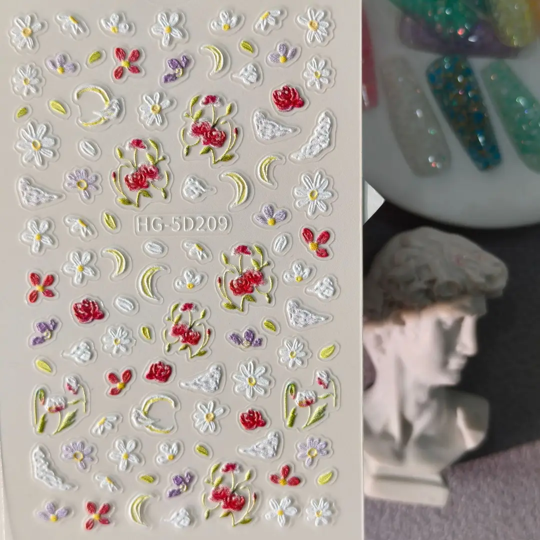 Spring Colorful Flower Nail Stickers, Various Mixed Designs, 3D Waterproof Flower 5D Embossed Nail Stickers, Hg Model