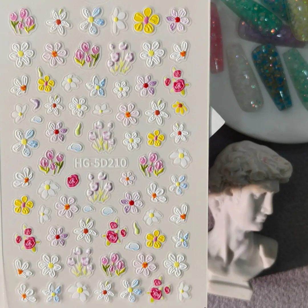 Spring Colorful Flower Nail Stickers, Various Mixed Designs, 3D Waterproof Flower 5D Embossed Nail Stickers, Hg Model