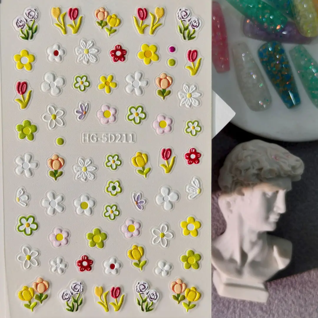 Spring Colorful Flower Nail Stickers, Various Mixed Designs, 3D Waterproof Flower 5D Embossed Nail Stickers, Hg Model