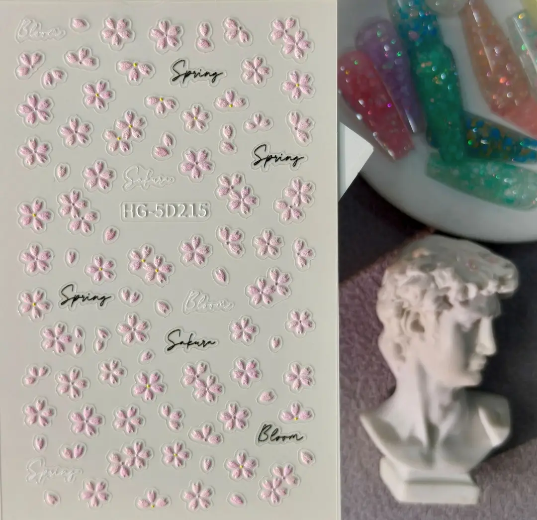 Spring Colorful Flower Nail Stickers, Various Mixed Designs, 3D Waterproof Flower 5D Embossed Nail Stickers, Hg Model
