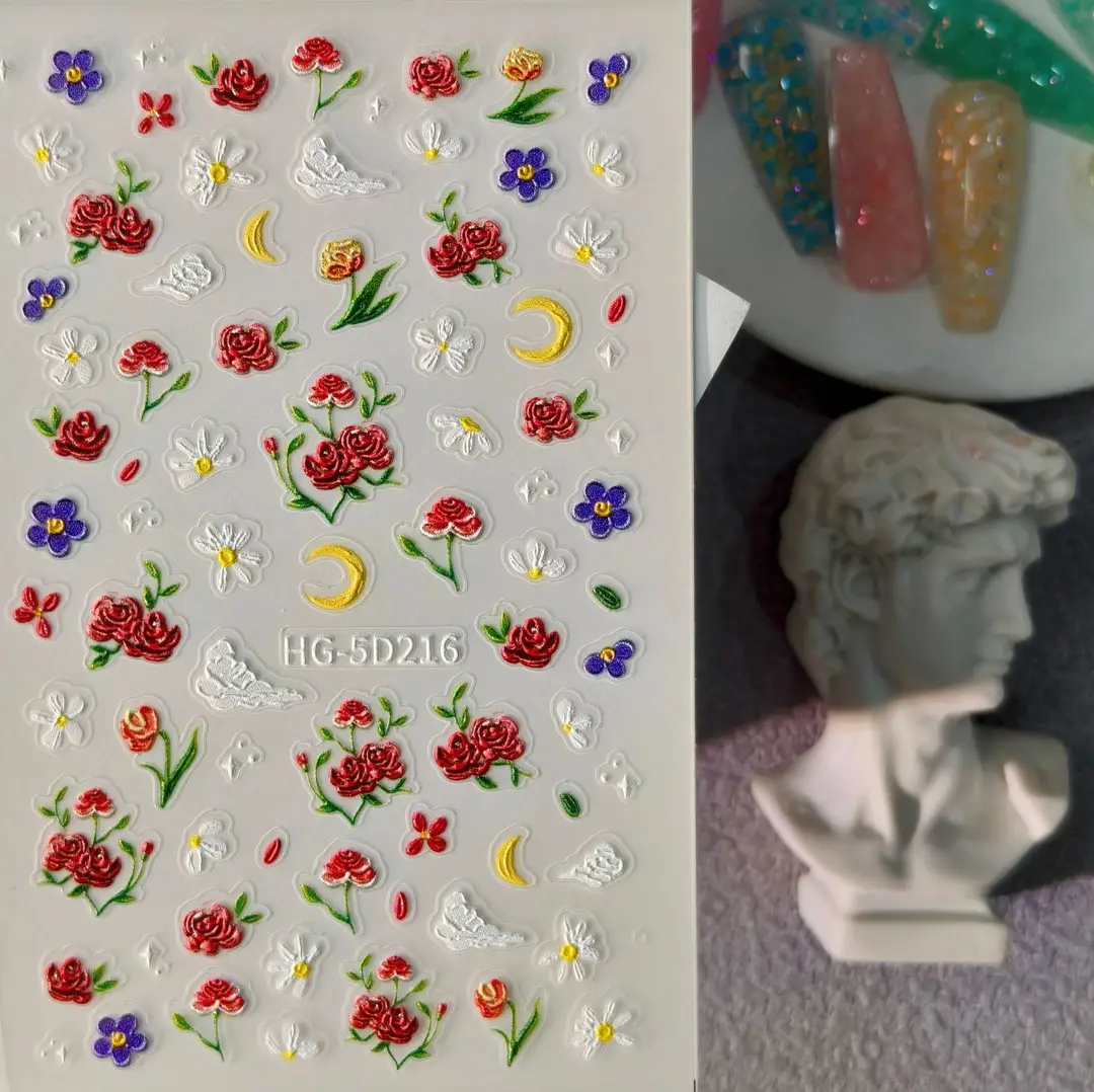 Spring Colorful Flower Nail Stickers, Various Mixed Designs, 3D Waterproof Flower 5D Embossed Nail Stickers, Hg Model