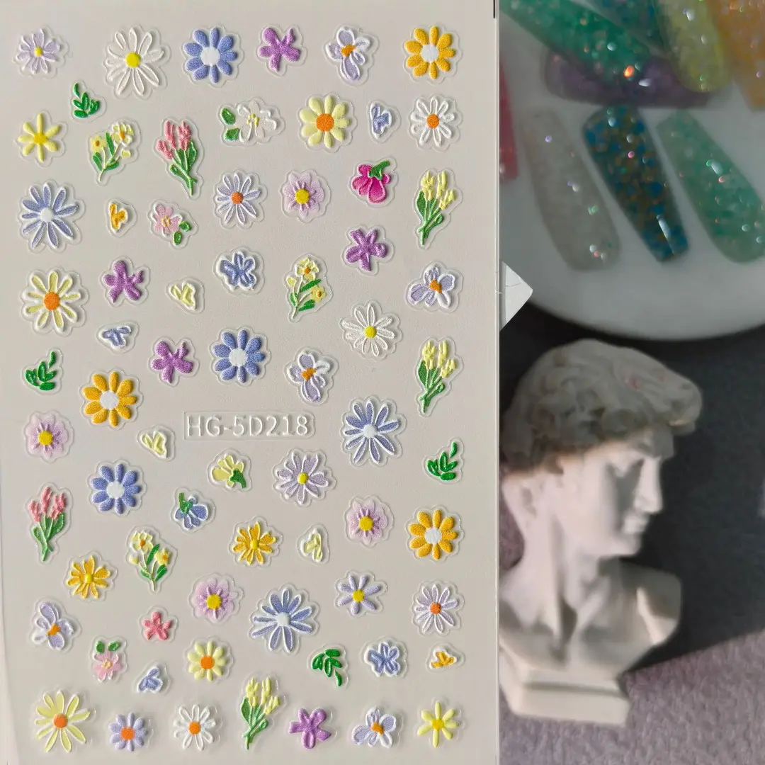 Spring Colorful Flower Nail Stickers, Various Mixed Designs, 3D Waterproof Flower 5D Embossed Nail Stickers, Hg Model