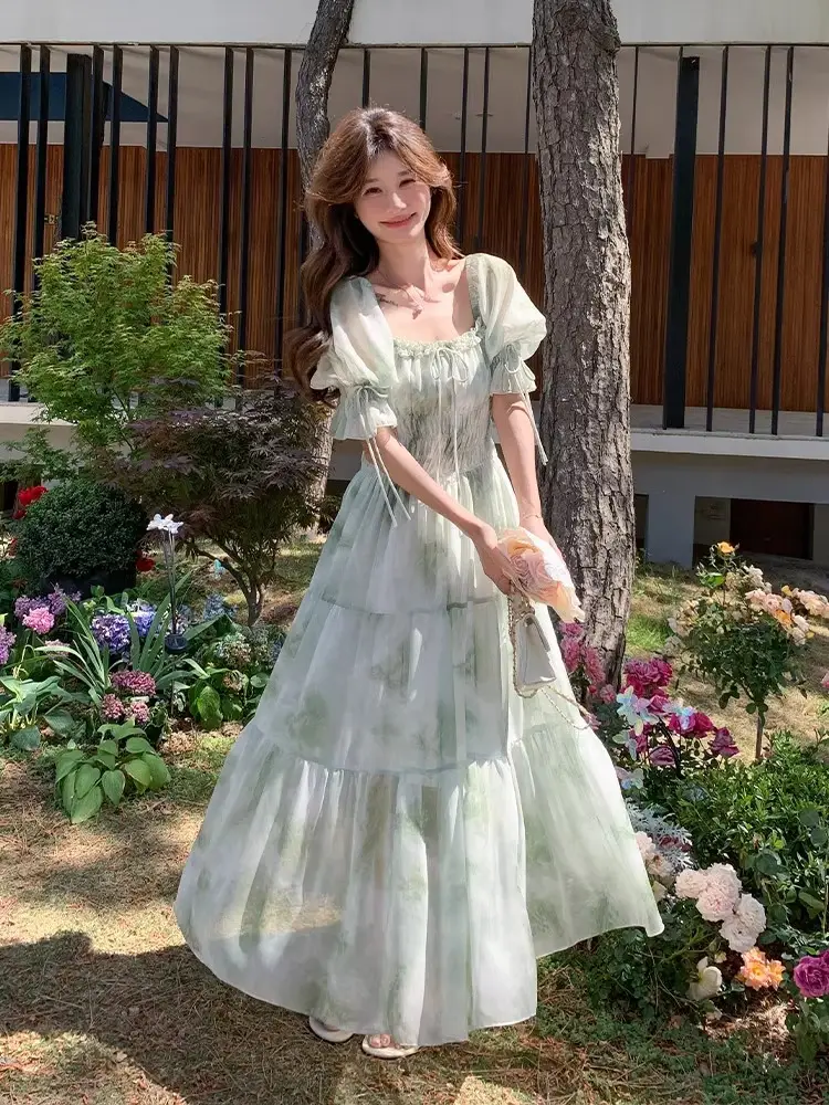 French-Style Romantic Square-Neck Floral Dress, Fairy-Like, Spring and Autumn 2026 New Model, Summer Gentle Temperament, Super Fairy-Like Vacation Long Dress