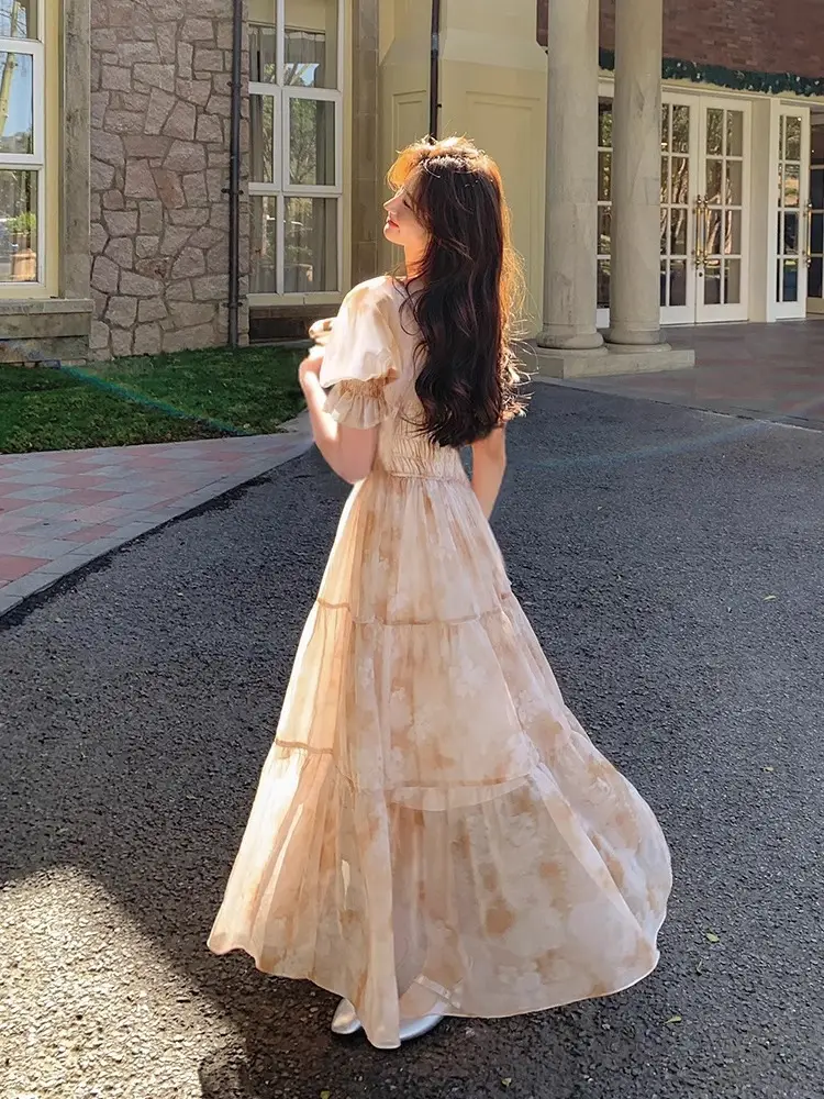 French-Style Romantic Square-Neck Floral Dress, Fairy-Like, Spring and Autumn 2026 New Model, Summer Gentle Temperament, Super Fairy-Like Vacation Long Dress