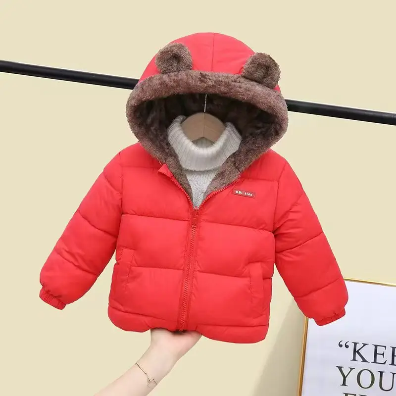 Little Bear Cotton Jacket 25 Autumn/Winter Boys and Girls Embroidered Coat Baseball Jacket Thick Solid Color Set Hooded Sweatshirt - Image 4