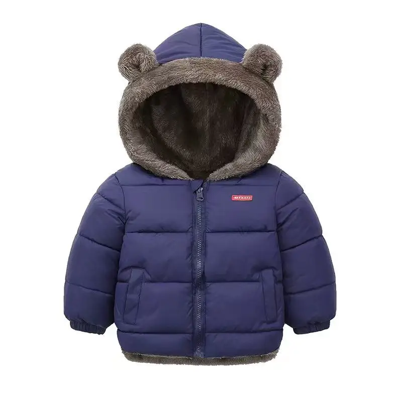 Little Bear Cotton Jacket 25 Autumn/Winter Boys and Girls Embroidered Coat Baseball Jacket Thick Solid Color Set Hooded Sweatshirt - Image 5