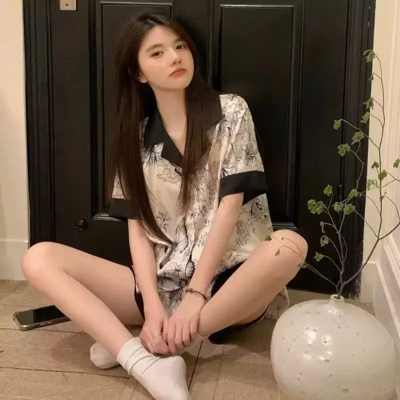 Ice Silk Pajamas for Women, Summer Short-Sleeved, Thin Silk, Sexy and Cute, Student Plus Size Home Clothes, Two-Piece Set, Summer