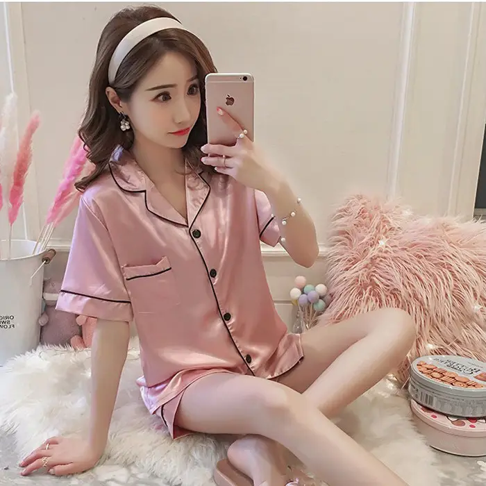 Ice Silk Pajamas for Women, Summer Short-Sleeved, Thin Silk, Sexy and Cute, Student Plus Size Home Clothes, Two-Piece Set, Summer