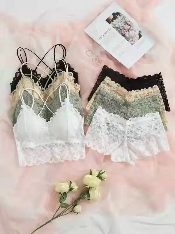 Cross-Border French-Style Bra Set, Sexy Backless Lace Trim, Wireless Bra and Panties Two-Piece Set