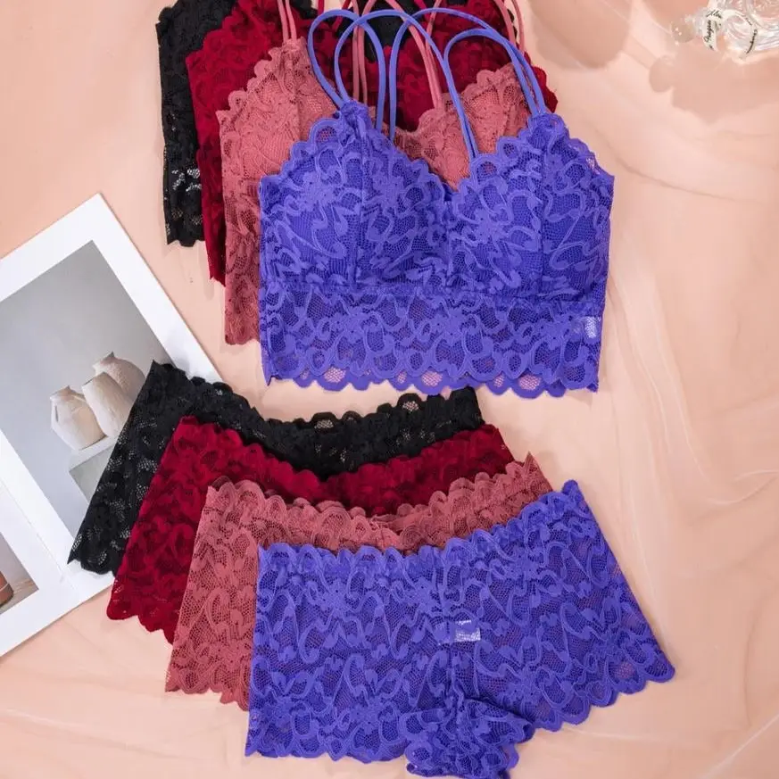 Cross-Border French-Style Bra Set, Sexy Backless Lace Trim, Wireless Bra and Panties Two-Piece Set