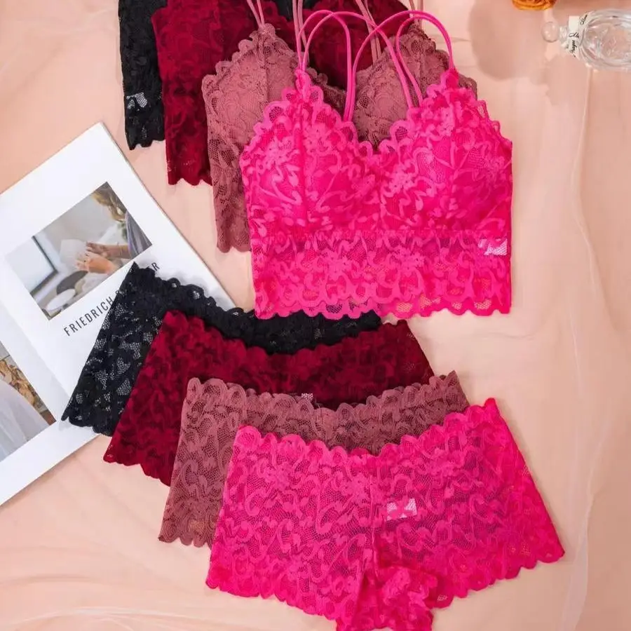 Cross-Border French-Style Bra Set, Sexy Backless Lace Trim, Wireless Bra and Panties Two-Piece Set