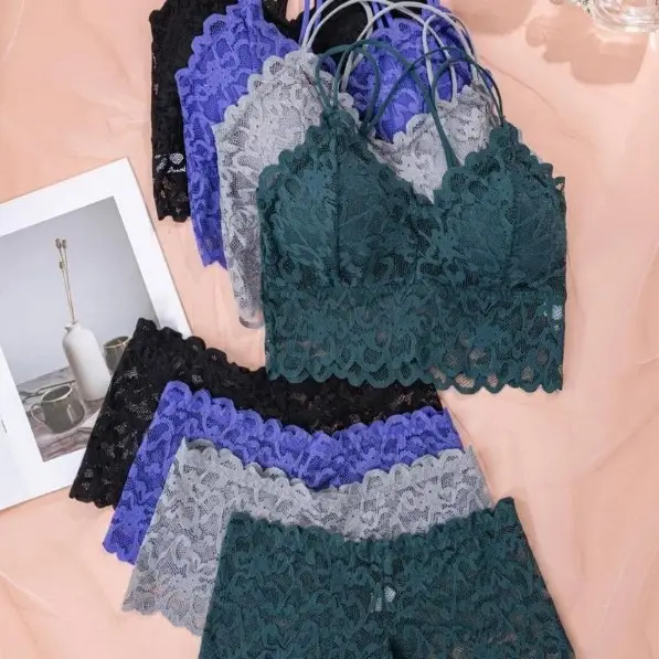 Cross-Border French-Style Bra Set, Sexy Backless Lace Trim, Wireless Bra and Panties Two-Piece Set