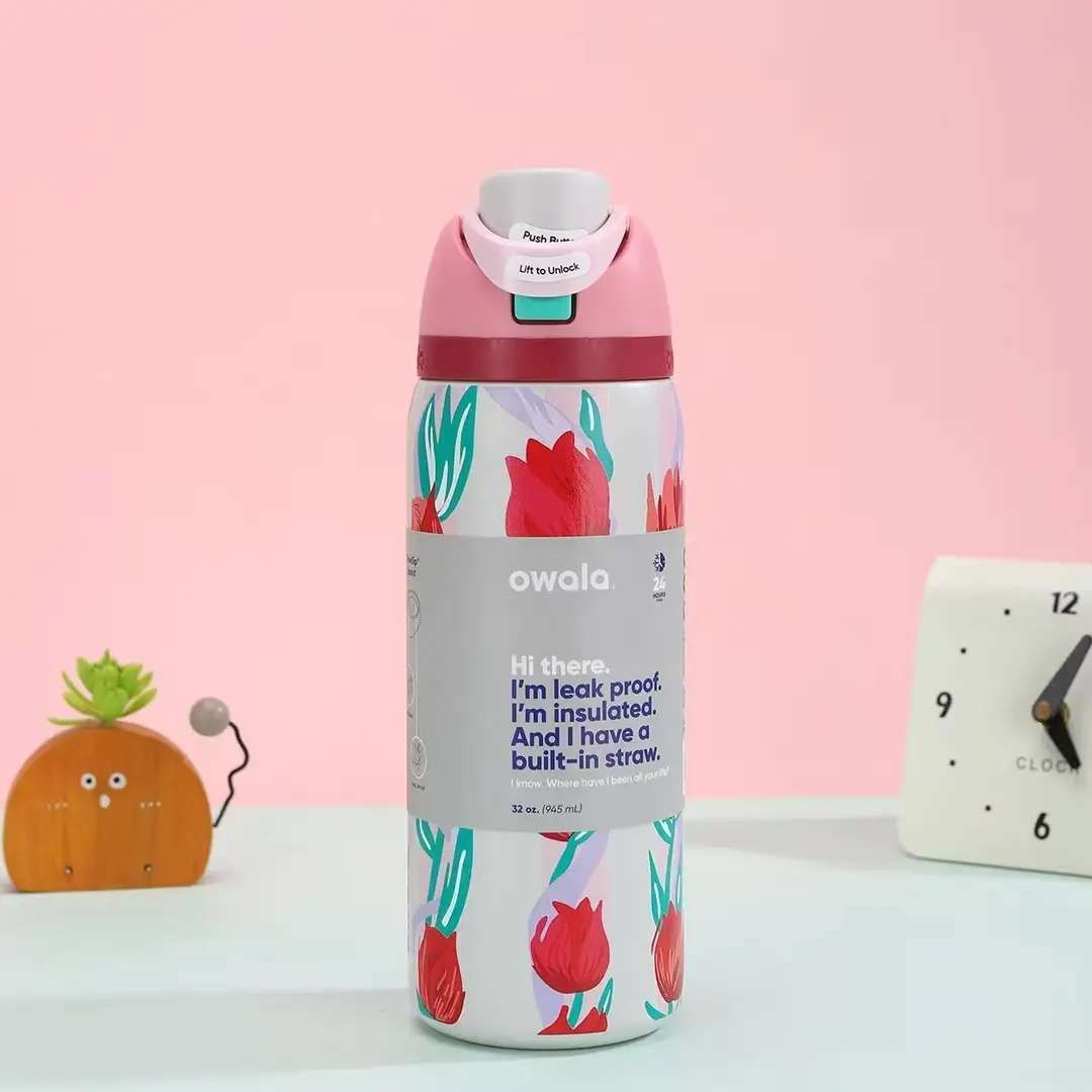 Owala Fashionable Dual-Drink Sports Water Bottle in Stock, 304 Stainless Steel Vacuum Insulated Cup, Portable Large-Capacity Fruit Cup