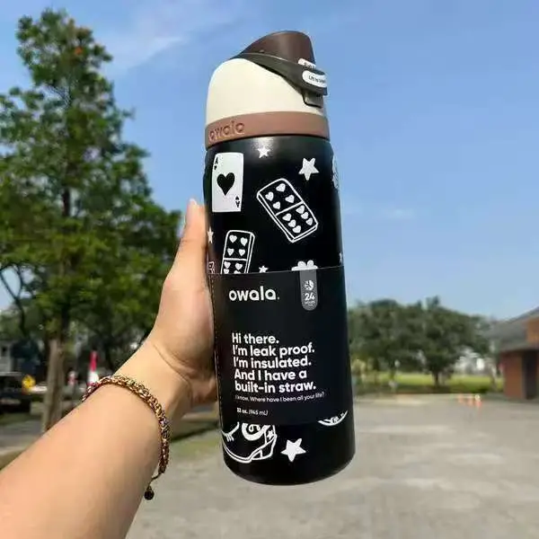 Owala Fashionable Dual-Drink Sports Water Bottle in Stock, 304 Stainless Steel Vacuum Insulated Cup, Portable Large-Capacity Fruit Cup