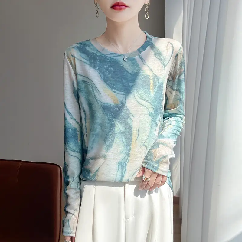 2026 Spring/Summer Women's New Short Round Neck Loose Fit Printed Long Sleeve Pattern Design Versatile Sun Protection Base Shirt Top