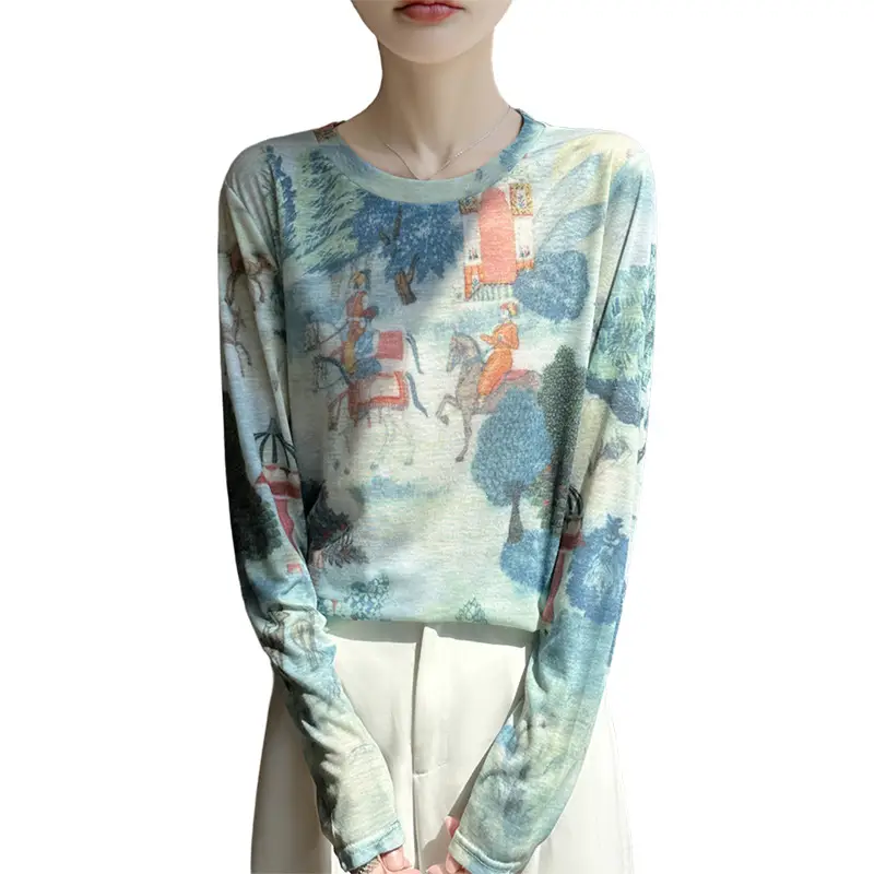 2026 Spring/Summer Women's New Short Round Neck Loose Fit Printed Long Sleeve Pattern Design Versatile Sun Protection Base Shirt Top