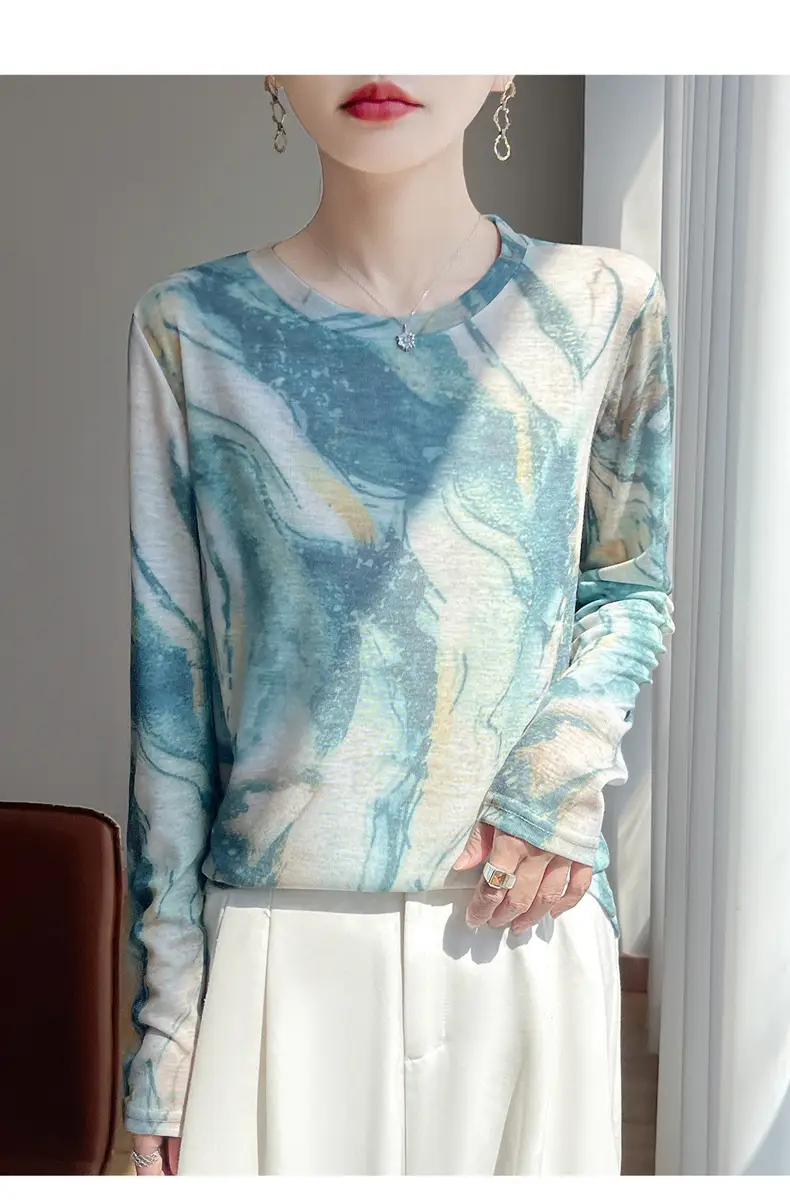 2026 Spring/Summer Women's New Short Round Neck Loose Fit Printed Long Sleeve Pattern Design Versatile Sun Protection Base Shirt Top — feature 35