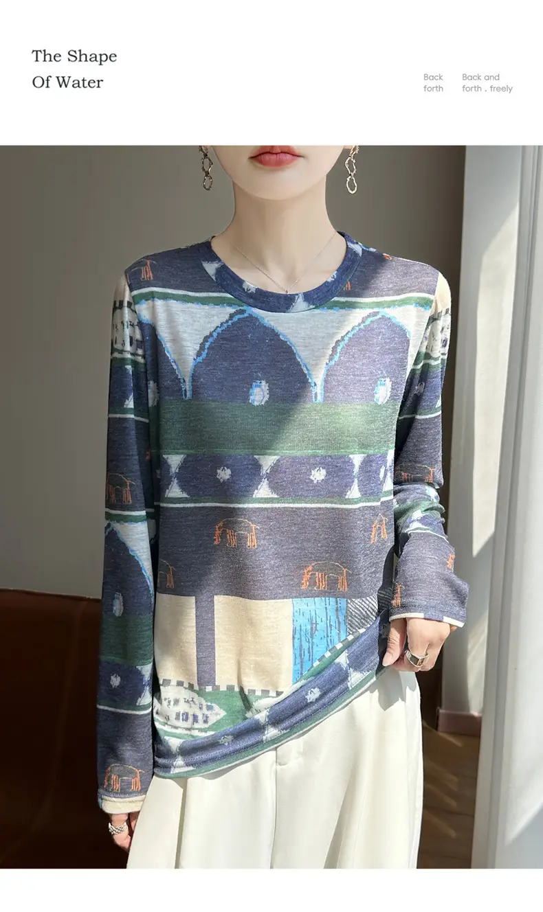 2026 Spring/Summer Women's New Short Round Neck Loose Fit Printed Long Sleeve Pattern Design Versatile Sun Protection Base Shirt Top — feature 40