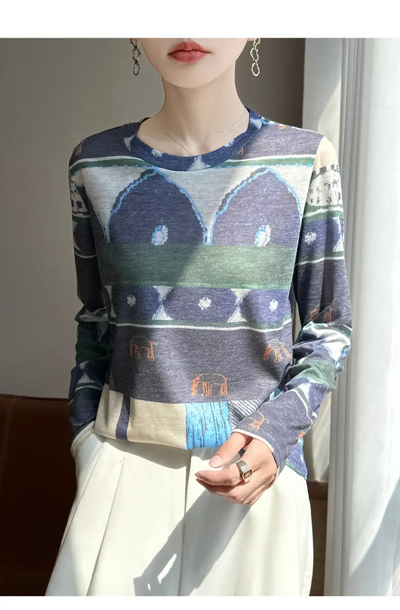 2026 Spring/Summer Women's New Short Round Neck Loose Fit Printed Long Sleeve Pattern Design Versatile Sun Protection Base Shirt Top — feature 41