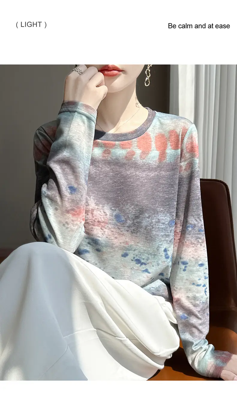2026 Spring/Summer Women's New Short Round Neck Loose Fit Printed Long Sleeve Pattern Design Versatile Sun Protection Base Shirt Top — feature 42