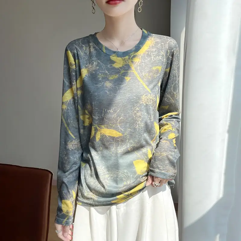 2026 Spring/Summer Women's New Short Round Neck Loose Fit Printed Long Sleeve Pattern Design Versatile Sun Protection Base Shirt Top