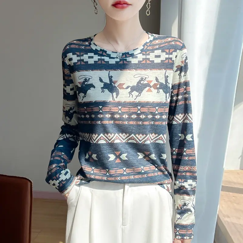 2026 Spring/Summer Women's New Short Round Neck Loose Fit Printed Long Sleeve Pattern Design Versatile Sun Protection Base Shirt Top