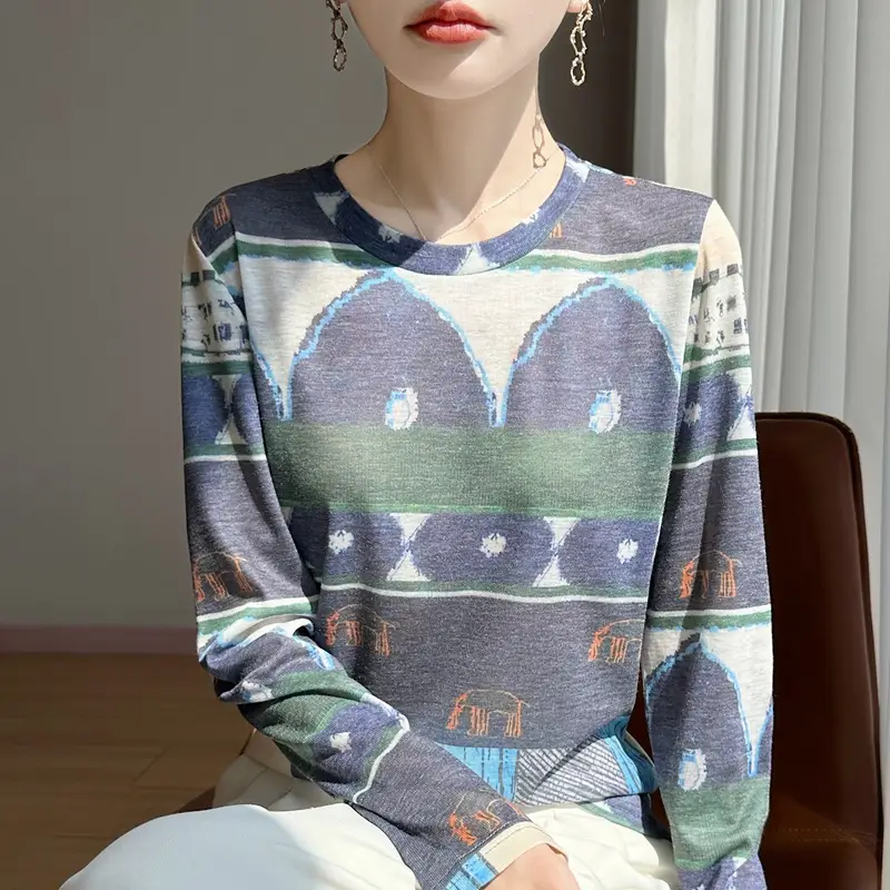 2026 Spring/Summer Women's New Short Round Neck Loose Fit Printed Long Sleeve Pattern Design Versatile Sun Protection Base Shirt Top