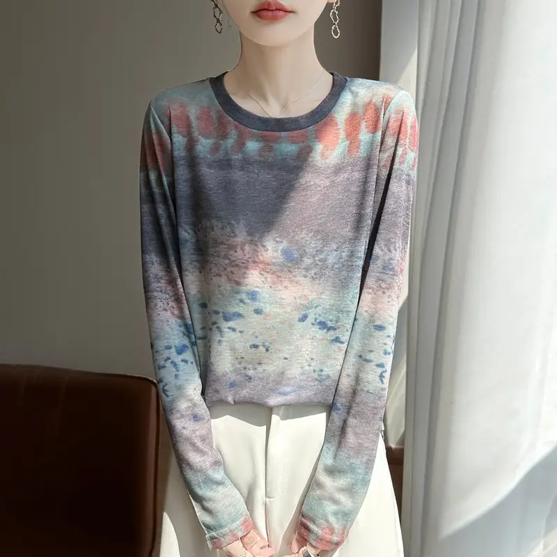 2026 Spring/Summer Women's New Short Round Neck Loose Fit Printed Long Sleeve Pattern Design Versatile Sun Protection Base Shirt Top