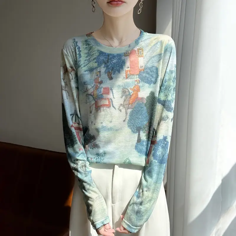 2026 Spring/Summer Women's New Short Round Neck Loose Fit Printed Long Sleeve Pattern Design Versatile Sun Protection Base Shirt Top