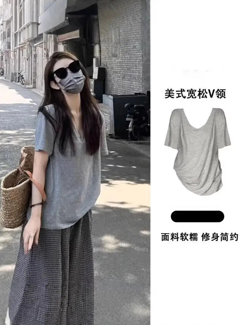 Plus-Size Casual Short-Sleeve Loose T-Shirt for Women, 2026 New Summer V-Neck T-Shirt for Curvy Women, Conceals Body Shape and Makes You Look Slimmer