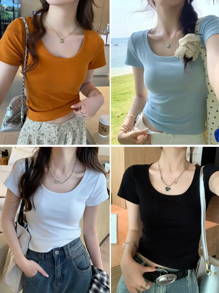 Pure Cotton U-Neck Short-Sleeve T-Shirt for Women, Summer Sweet and Spicy Dopamine Style, Slim Fit Low Round Neck, Clavicle-Exposing Short Top