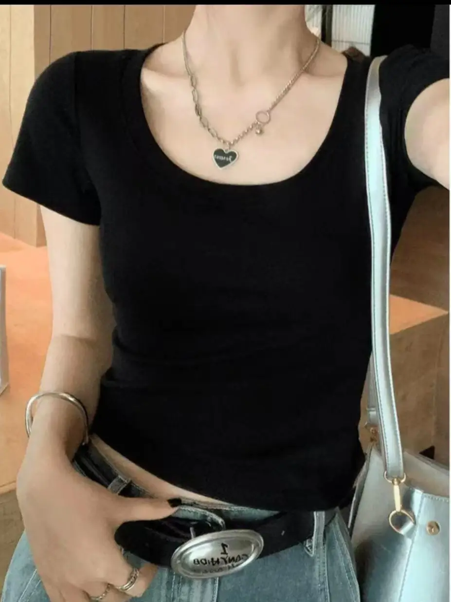 Pure Cotton U-Neck Short-Sleeve T-Shirt for Women, Summer Sweet and Spicy Dopamine Style, Slim Fit Low Round Neck, Clavicle-Exposing Short Top