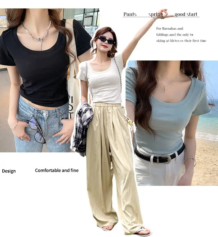 Pure Cotton U-Neck Short-Sleeve T-Shirt for Women, Summer Sweet and Spicy Dopamine Style, Slim Fit Low Round Neck, Clavicle-Exposing Short Top — feature 10