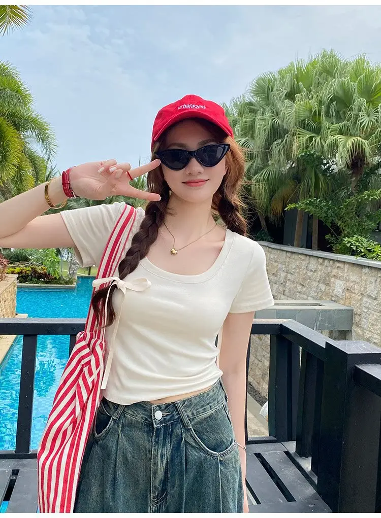 Pure Cotton U-Neck Short-Sleeve T-Shirt for Women, Summer Sweet and Spicy Dopamine Style, Slim Fit Low Round Neck, Clavicle-Exposing Short Top — feature 21