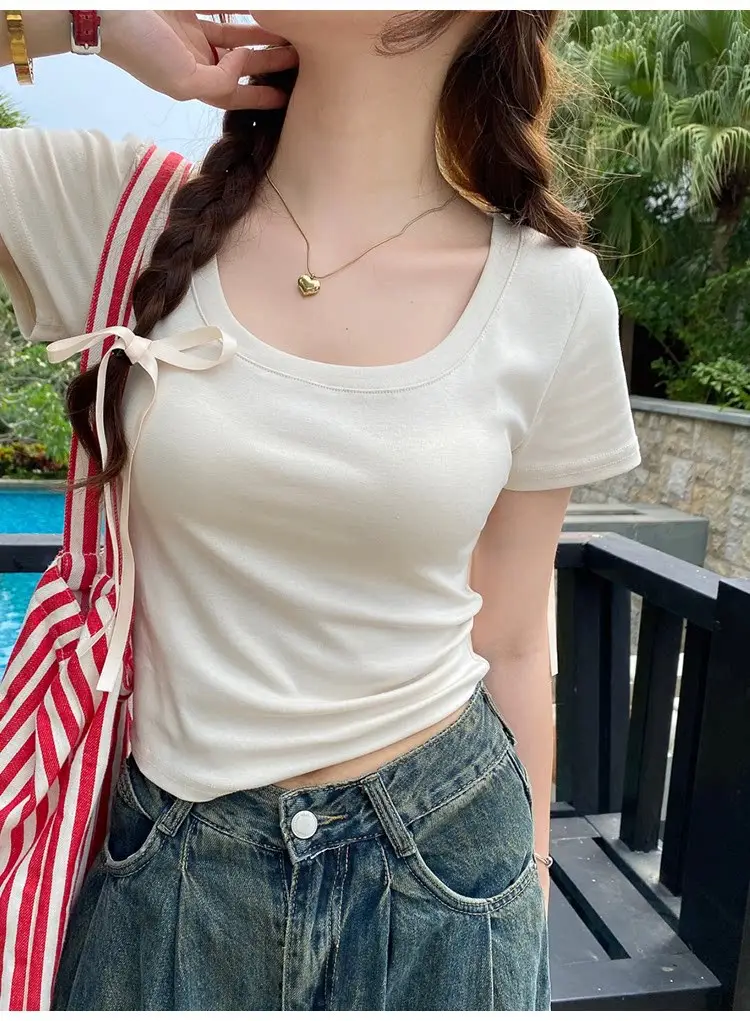 Pure Cotton U-Neck Short-Sleeve T-Shirt for Women, Summer Sweet and Spicy Dopamine Style, Slim Fit Low Round Neck, Clavicle-Exposing Short Top — feature 22