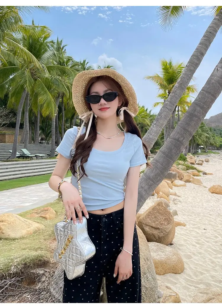 Pure Cotton U-Neck Short-Sleeve T-Shirt for Women, Summer Sweet and Spicy Dopamine Style, Slim Fit Low Round Neck, Clavicle-Exposing Short Top — feature 25